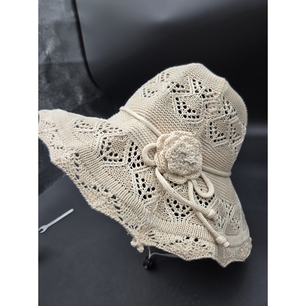 Fashion Ruffles Knitted Bucket Hat Beige Flower Decor Travel Beach Sun Hat OS